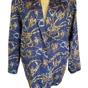 Equestrian Print Blazer - Blue & Gold